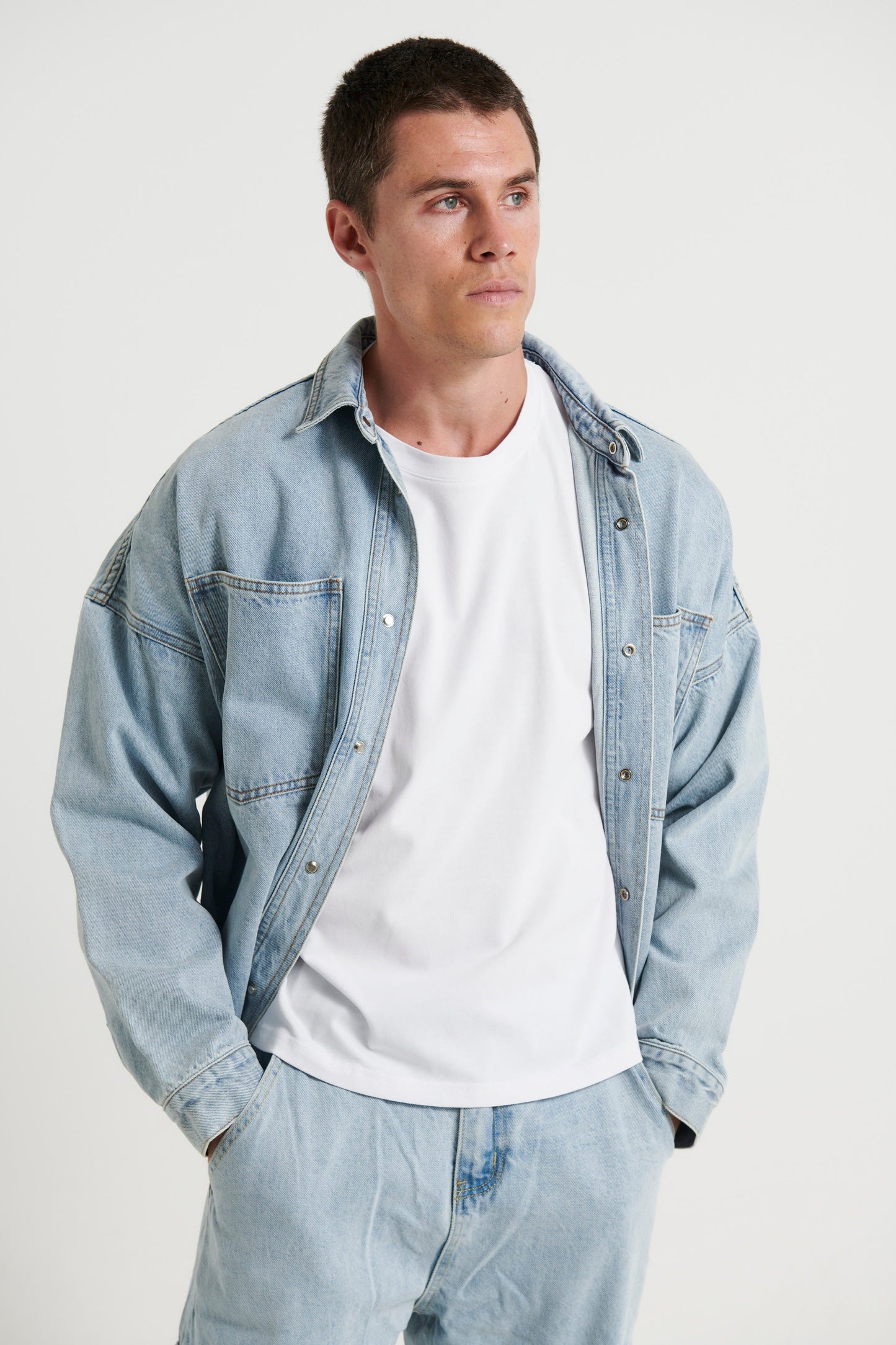 Drop Shoulder Denim Shirt Ocean