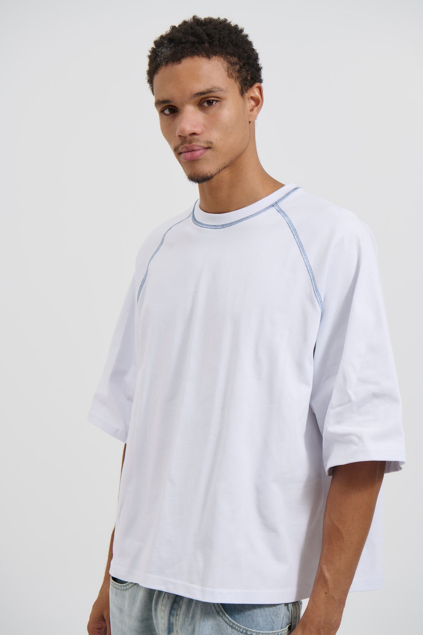 Contrast Stitch Raglan Tee White