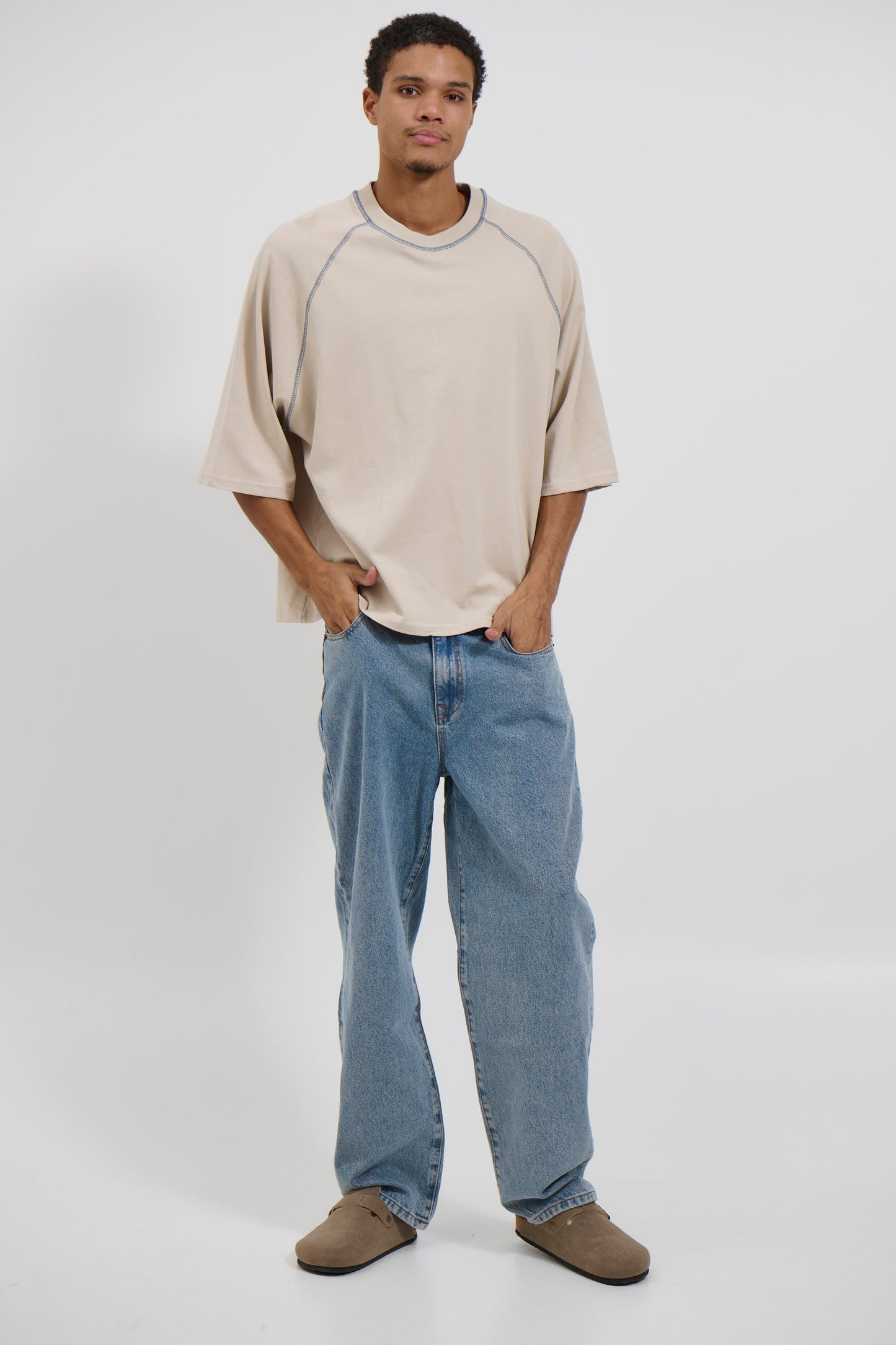 Contrast Stitch Raglan Tee Stone - FINAL SALE