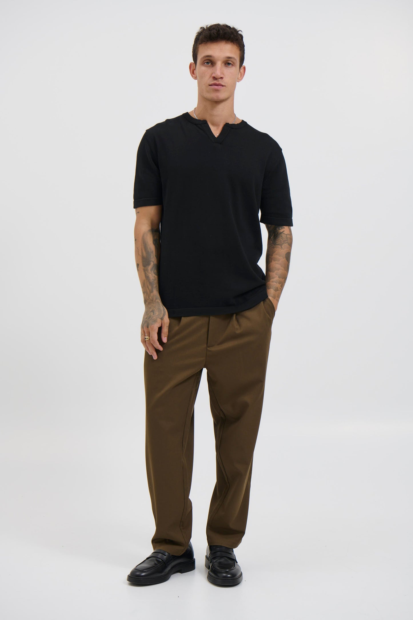 Knitted Split Neck Tee Black - FINAL SALE