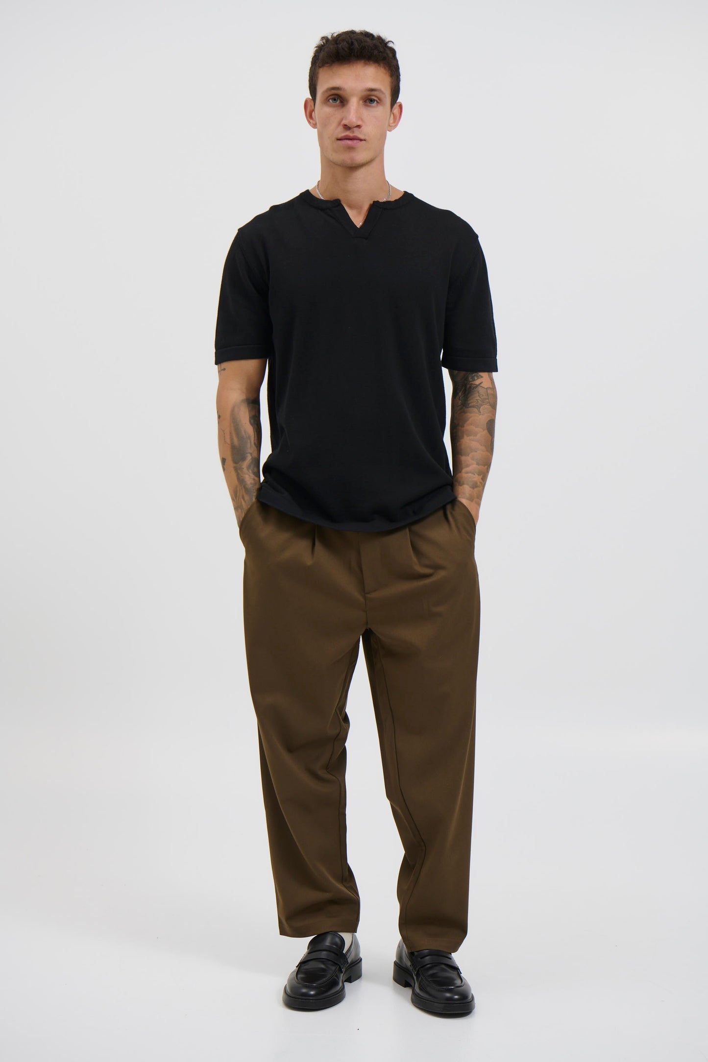 Knitted Split Neck Tee Black - FINAL SALE