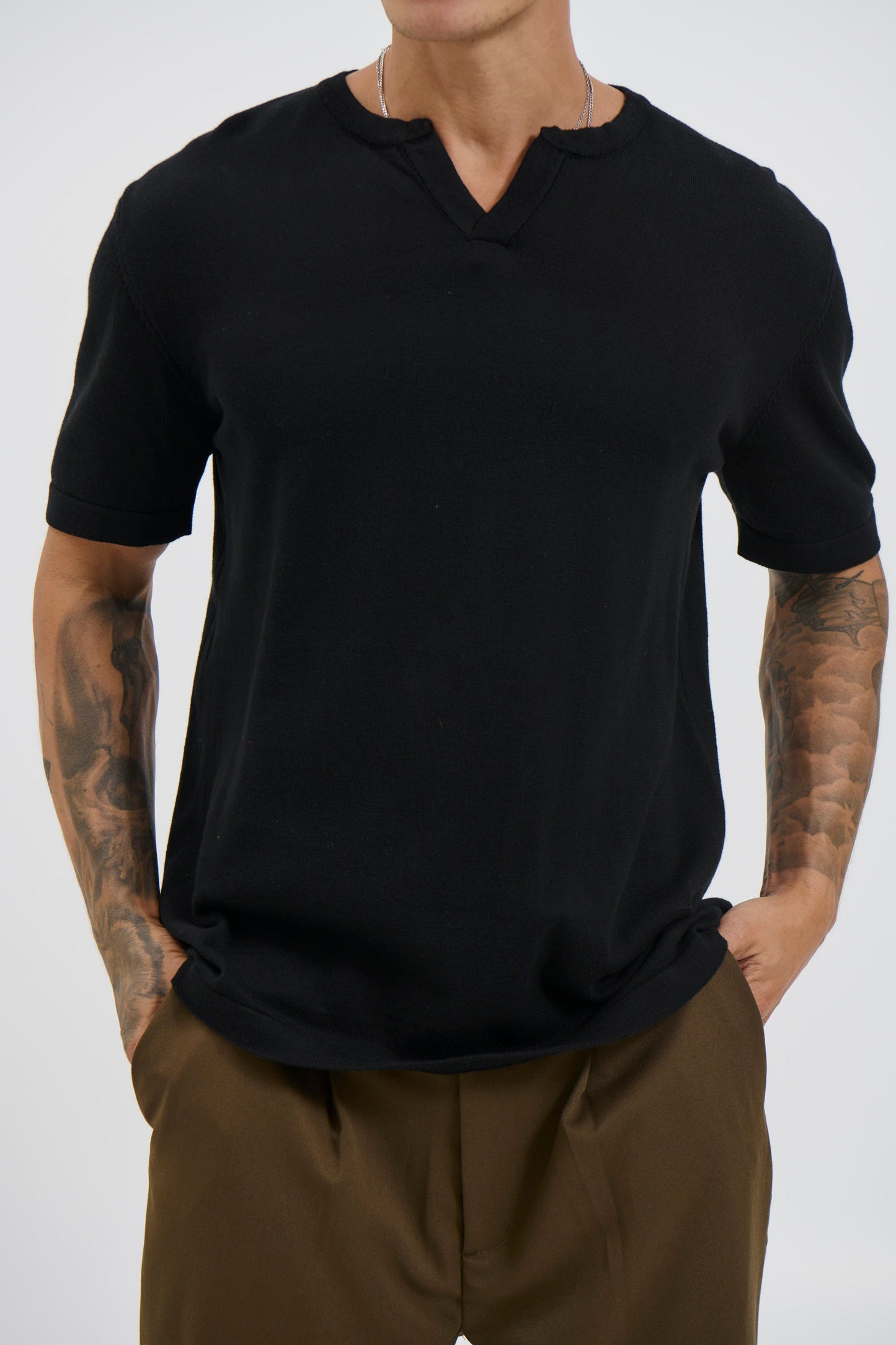 Knitted Split Neck Tee Black - FINAL SALE