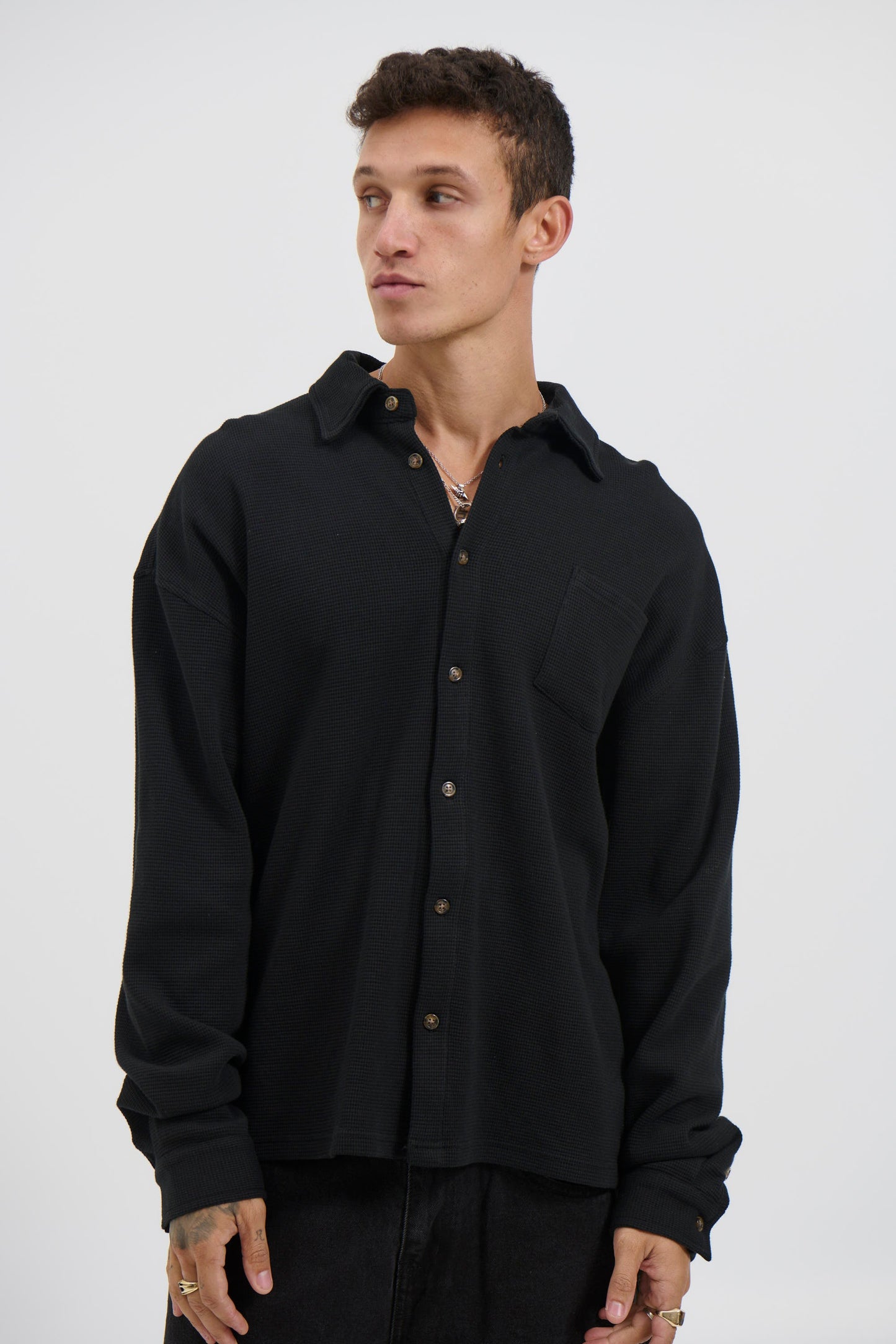Long Sleeve Waffle Shirt Black