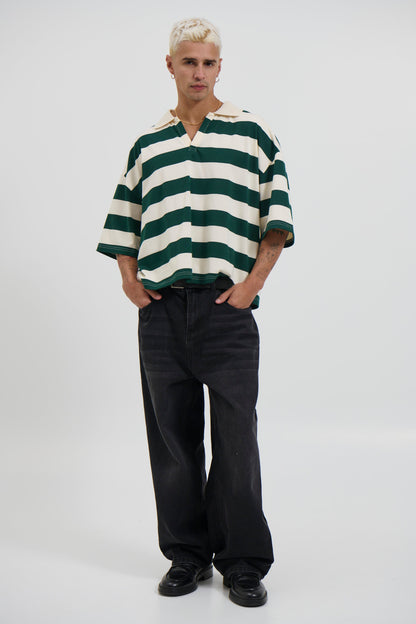 Jersey Crop Polo Stripe Emerald