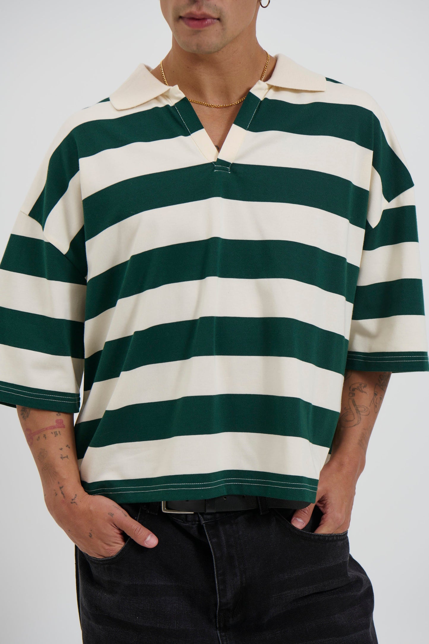 Jersey Crop Polo Stripe Emerald