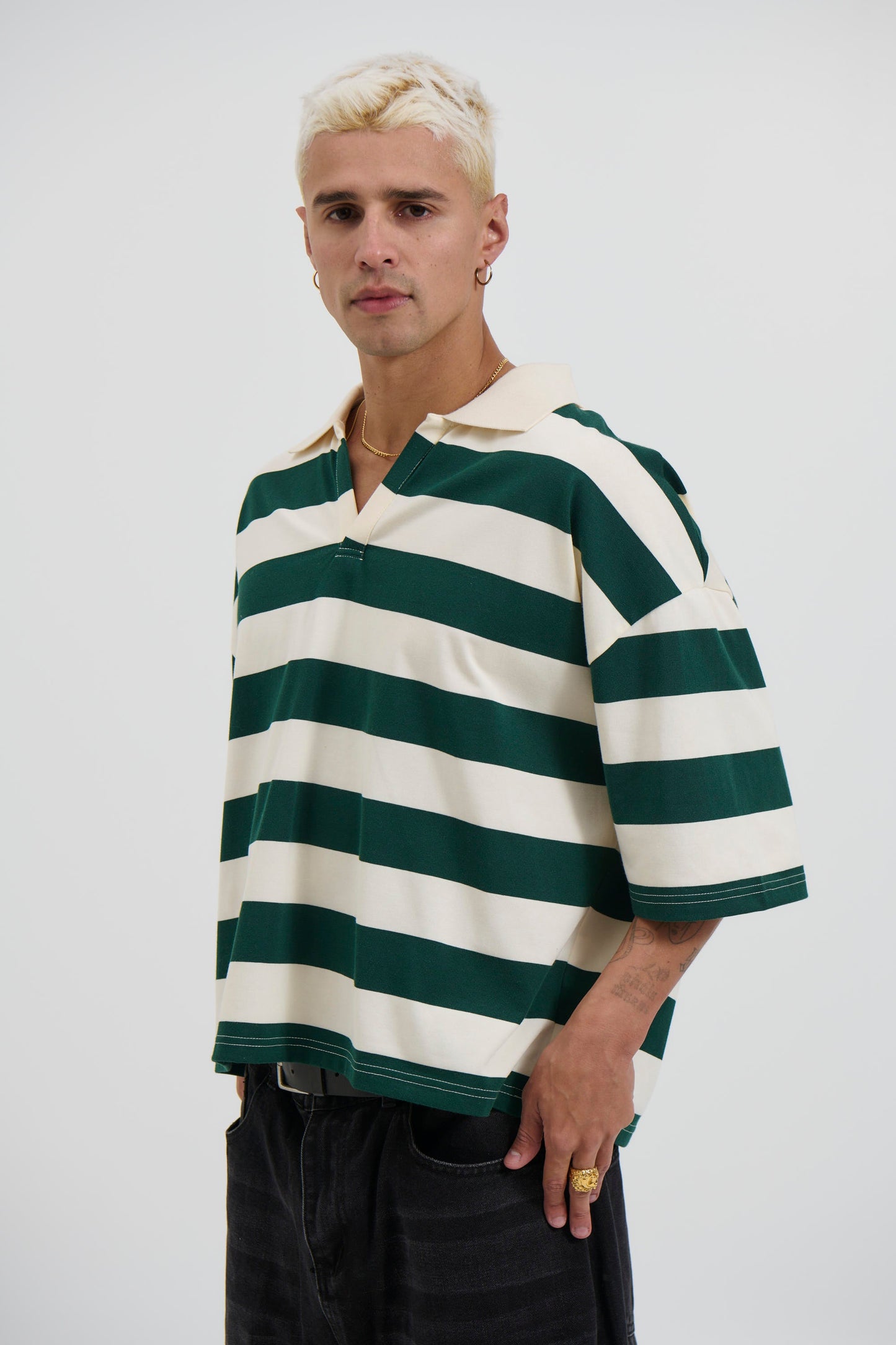 Jersey Crop Polo Stripe Emerald