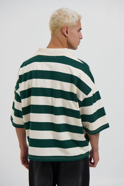 Jersey Crop Polo Stripe Emerald