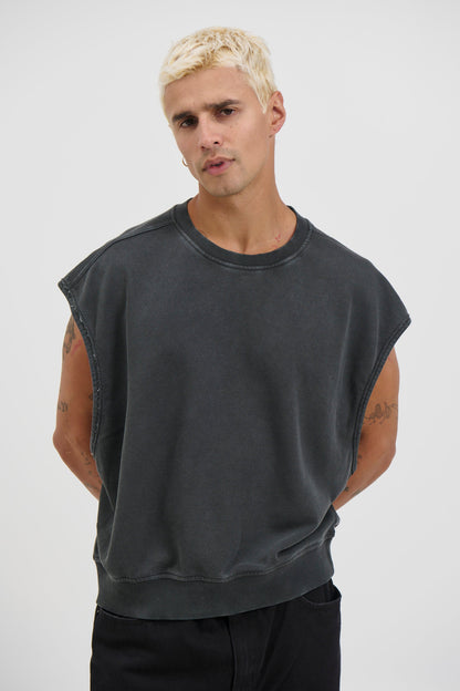Cropped Fleece Ribbed Tank Charcoal