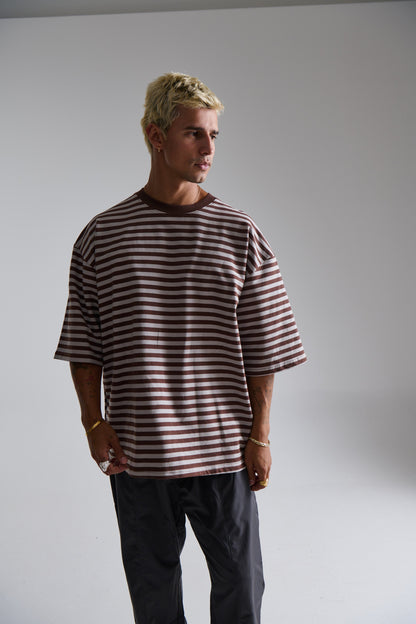Lesley Stripe Crew Tee Choc - FINAL SALE