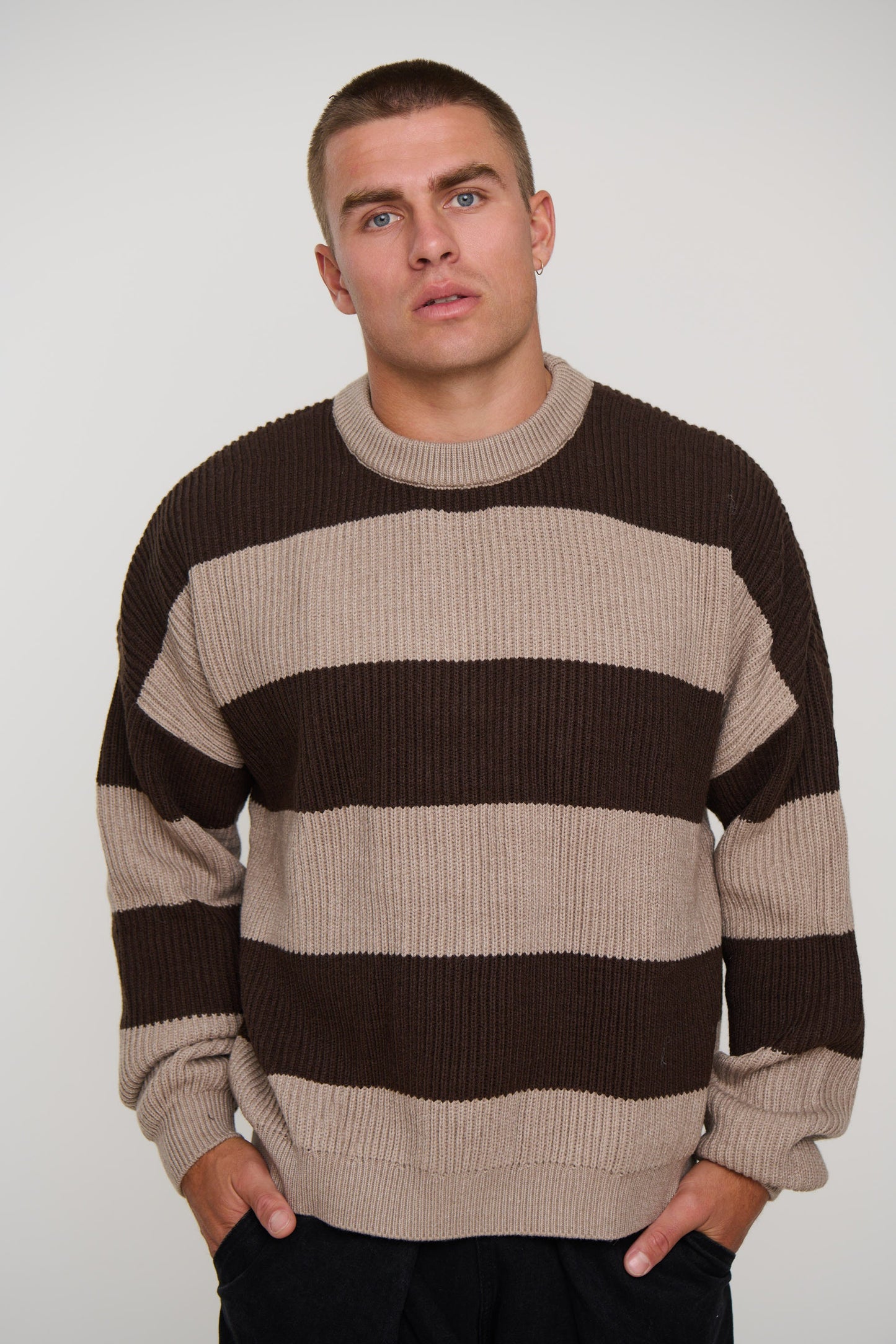 Drop Sleeve Heavy Knit Choc Stripe - FINAL SALE