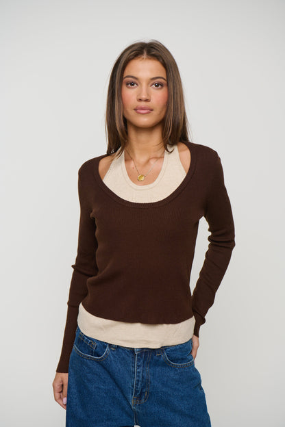 Lorena Layered Ribbed Top Chocolate