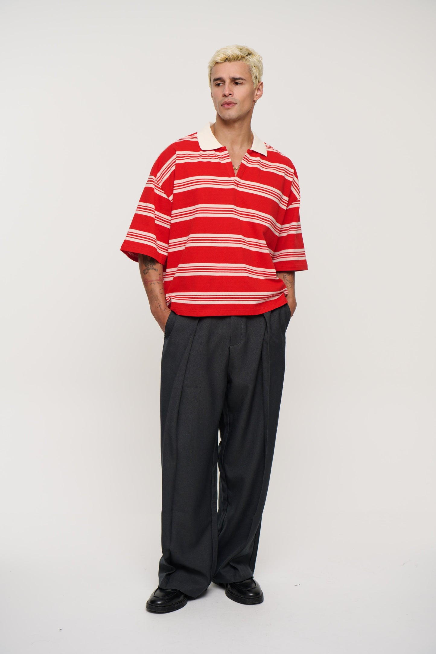 Jersey Crop Polo Red Stripe
