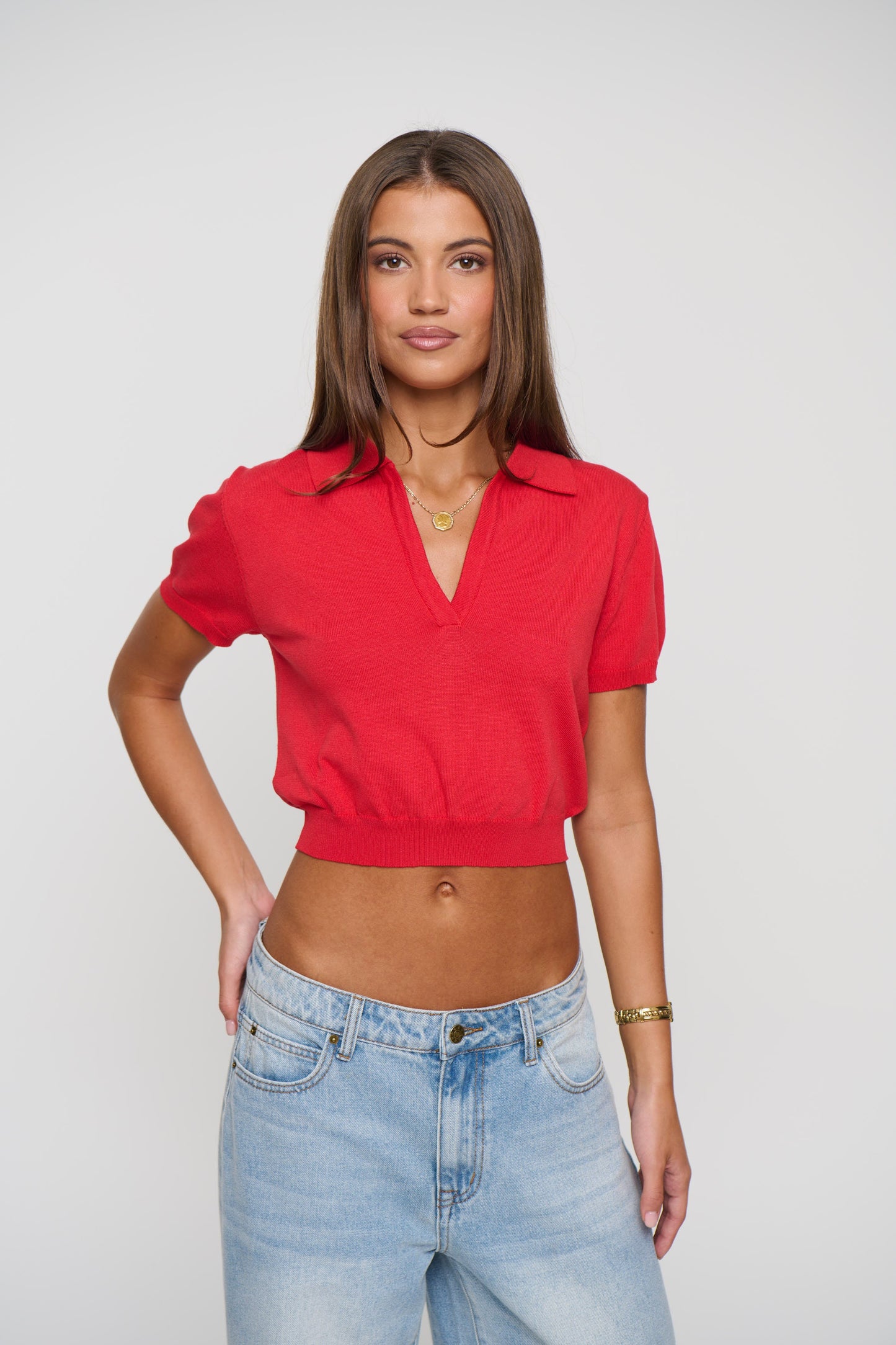 Lena Cropped Polo Cherry