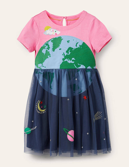 Appliqué Tulle Jersey Dress-Bright Petal Pink Space