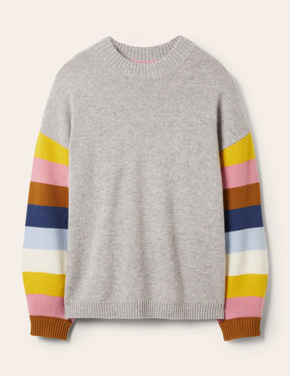 Bell Sleeve Cashmere Sweater-Grey Melange, Multi Stripe