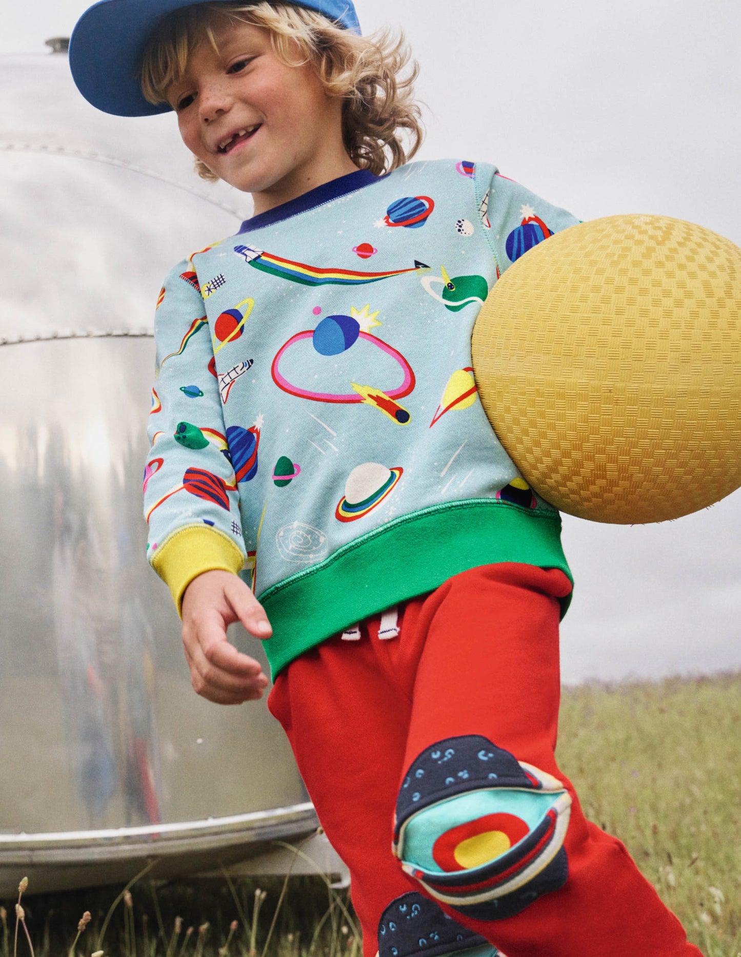 Appliqué Scene Sweatshirt-Mineral Blue Rainbow Space