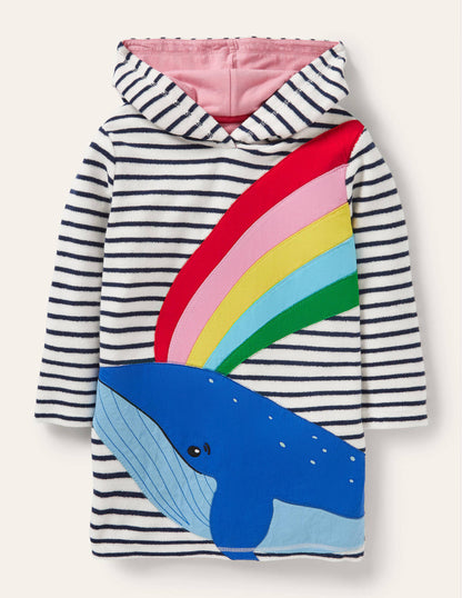 Appliqué Towelling Beach Dress-Ivory/ Starboard Blue Whale