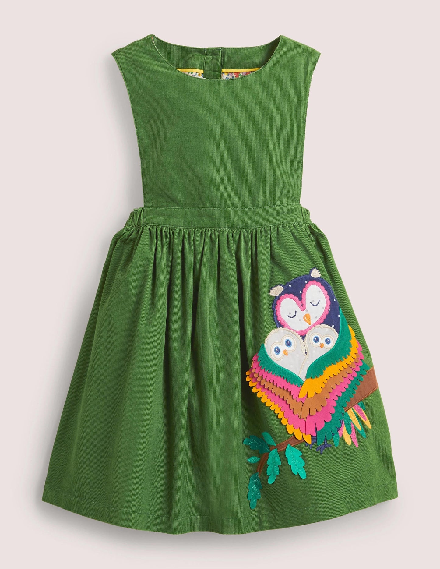 Appliqué Pinafore Dress-Olive Green Owls