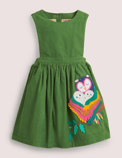 Appliqué Pinafore Dress-Olive Green Owls