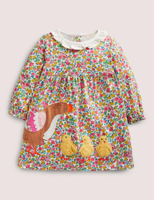 Appliqué Jersey Dress-Vintage Flowerbed Chicken