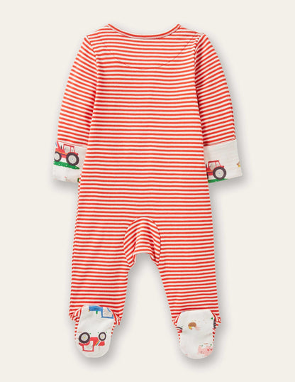 Appliqué Zip Sleepsuit-Ivory/Jam Farm