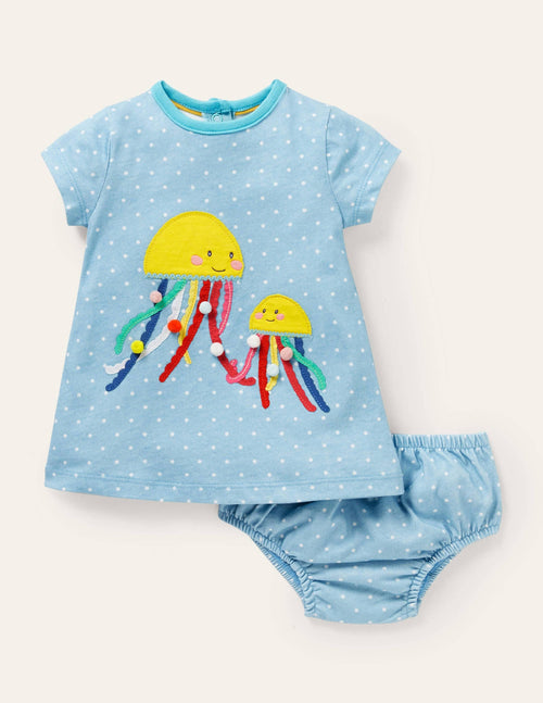 Appliqué Jersey Dress-Ivory/Aqua Jellyfish