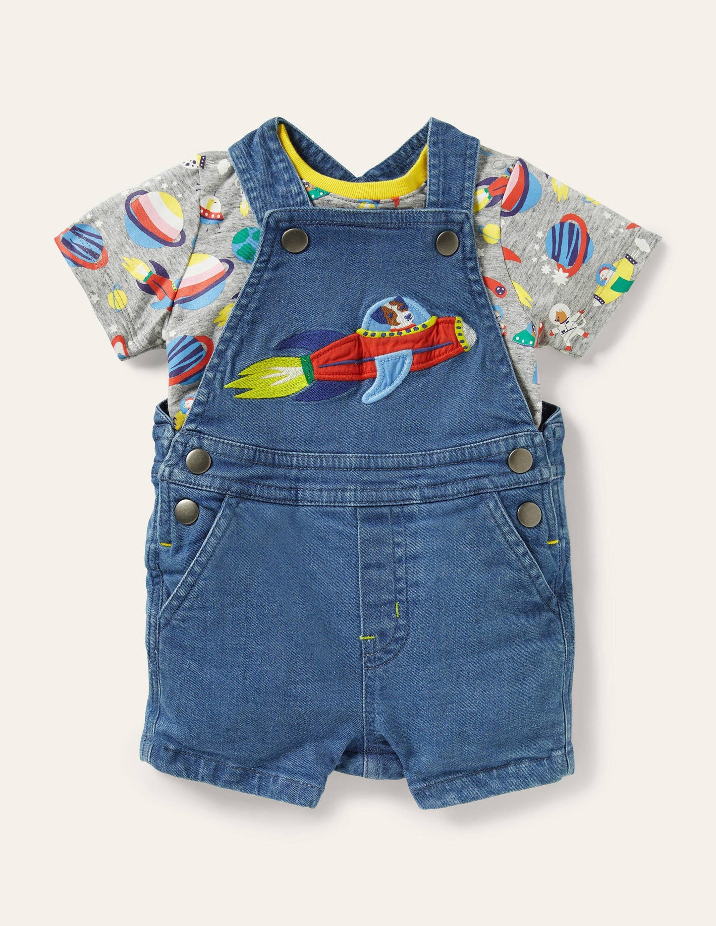 Appliqué Overalls Set-Mid Chambray Space