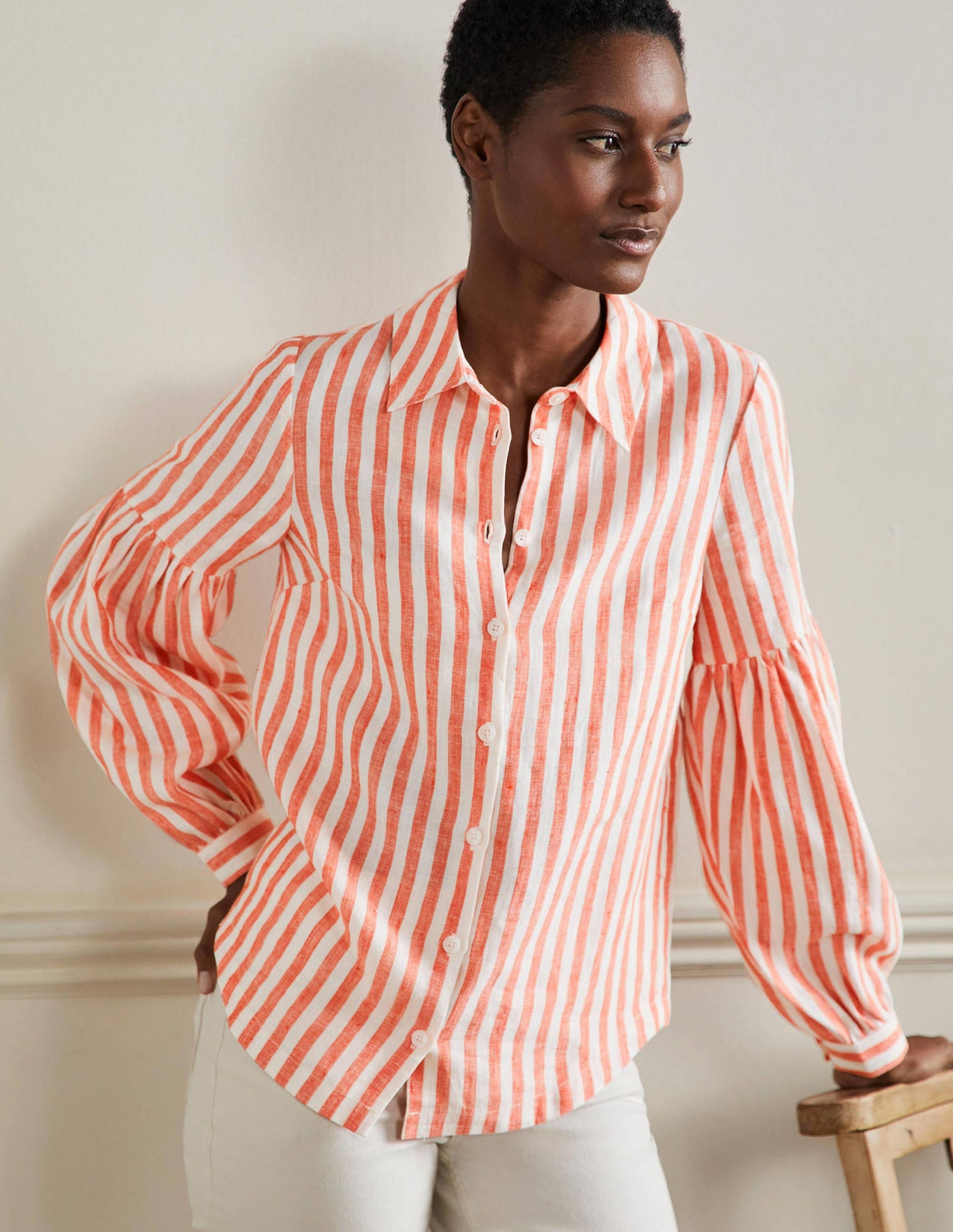 Anna Blouson Linen Shirt-Papaya/Ivory Stripe