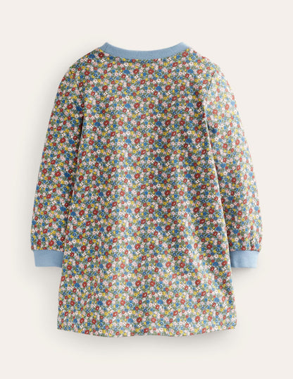 Appliqué Sweatshirt Dress-Pebble Blue Flower Dog