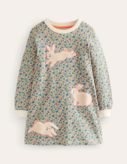 Appliqué Sweatshirt Dress-Floral Bunnies