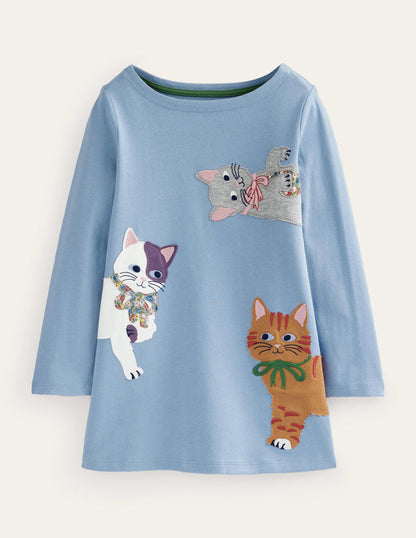 Appliqué Jersey Tunic-Pebble Blue Cats