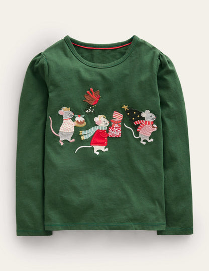 Appliqué Puff-Sleeve Top-Amazon Green Festive Mice