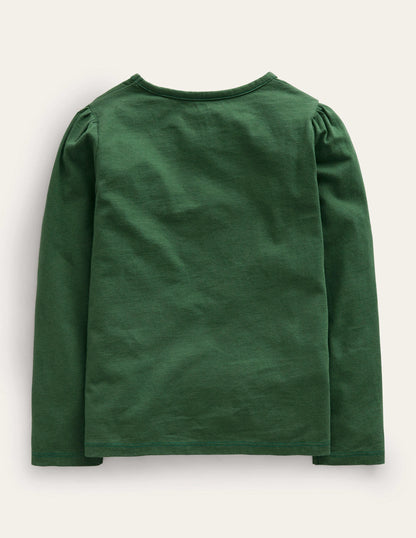 Appliqué Puff-Sleeve Top-Amazon Green Festive Mice