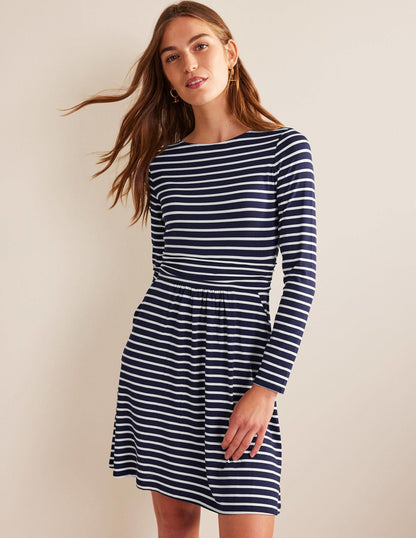 Abigail Jersey Dress-Navy, Ivory Stripe