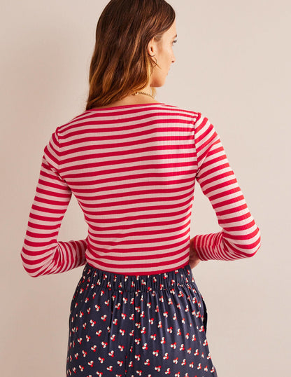Anna Rib Crew T-Shirt-Peach Skin, Hot Pepper Stripe