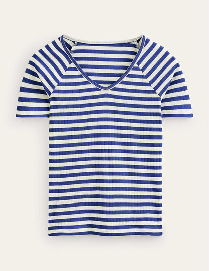 Anna Rib V-Neck T-Shirt-Lapis Blue, Ivory Stripe