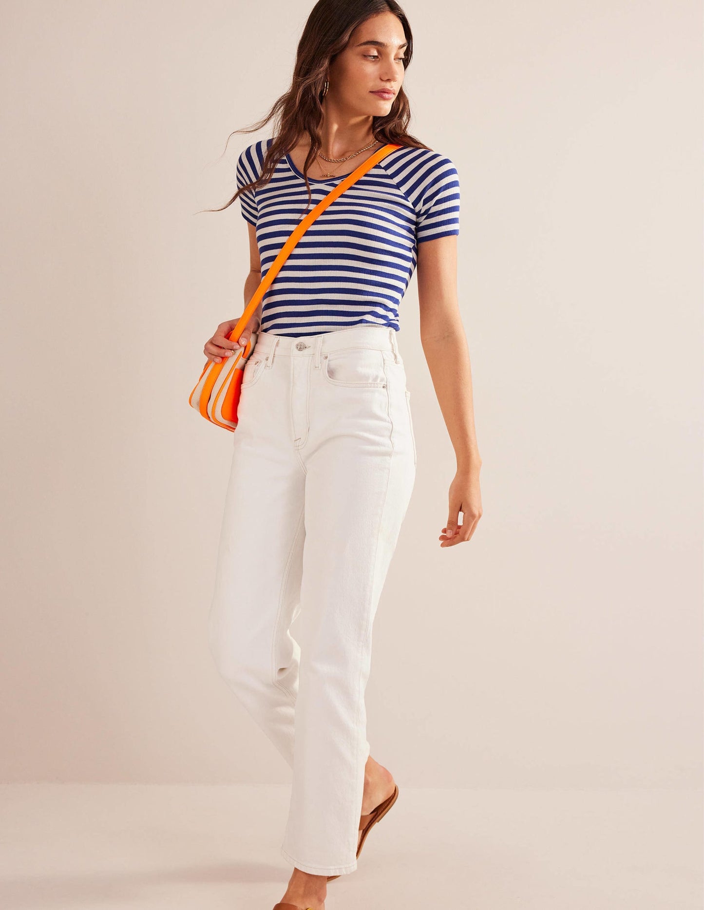 Anna Rib V-Neck T-Shirt-Lapis Blue, Ivory Stripe