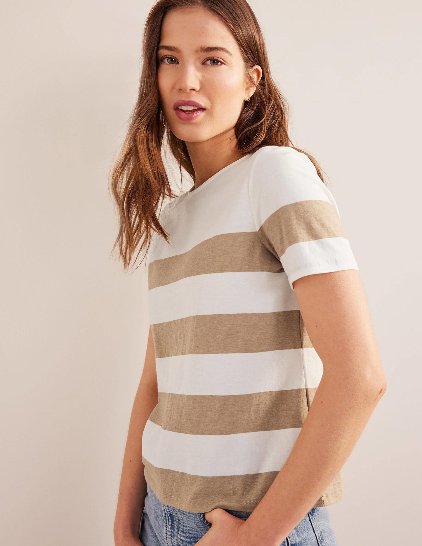 Bea Short Sleeve Breton-Ivory, Camel Wide Stripe