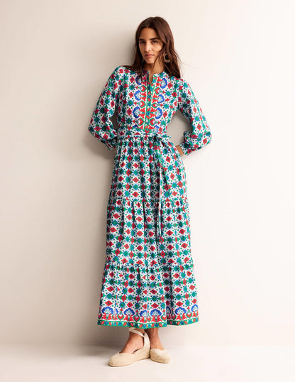 Alba Tiered Cotton Maxi Dress-Multi, Coastal Tile