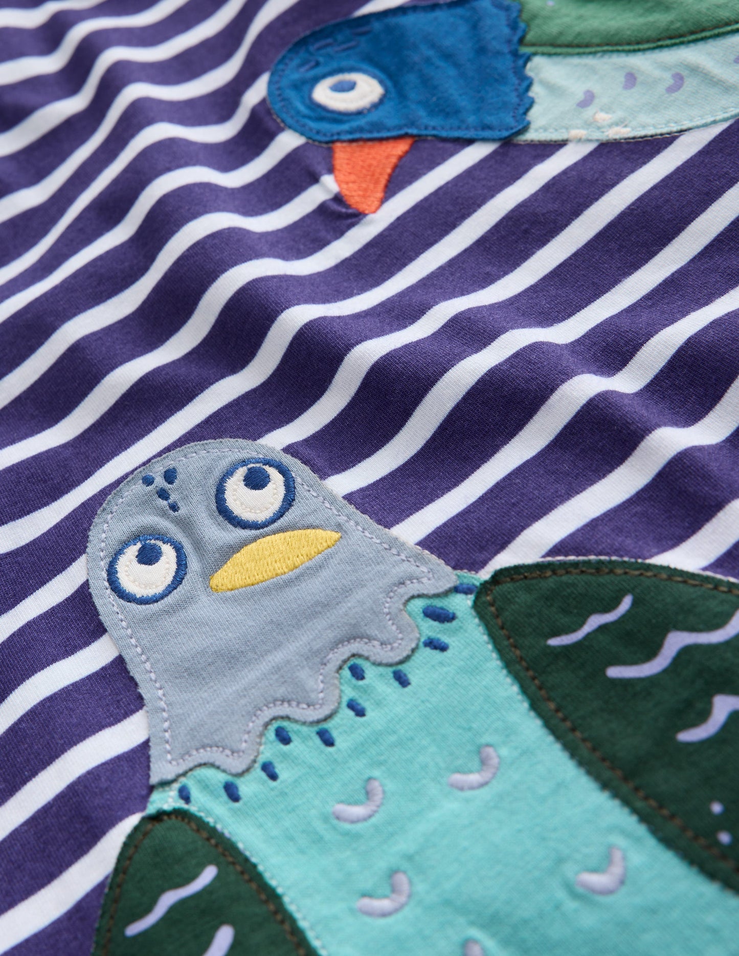 Appliqué T-Shirt-Denim Blue and Ivory Pigeons