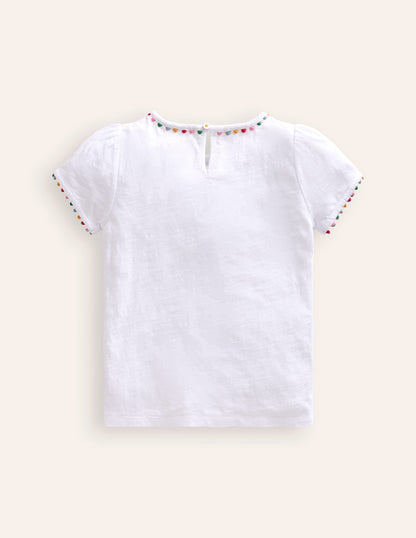 Ali Puff Sleeve Pom T-Shirt-White