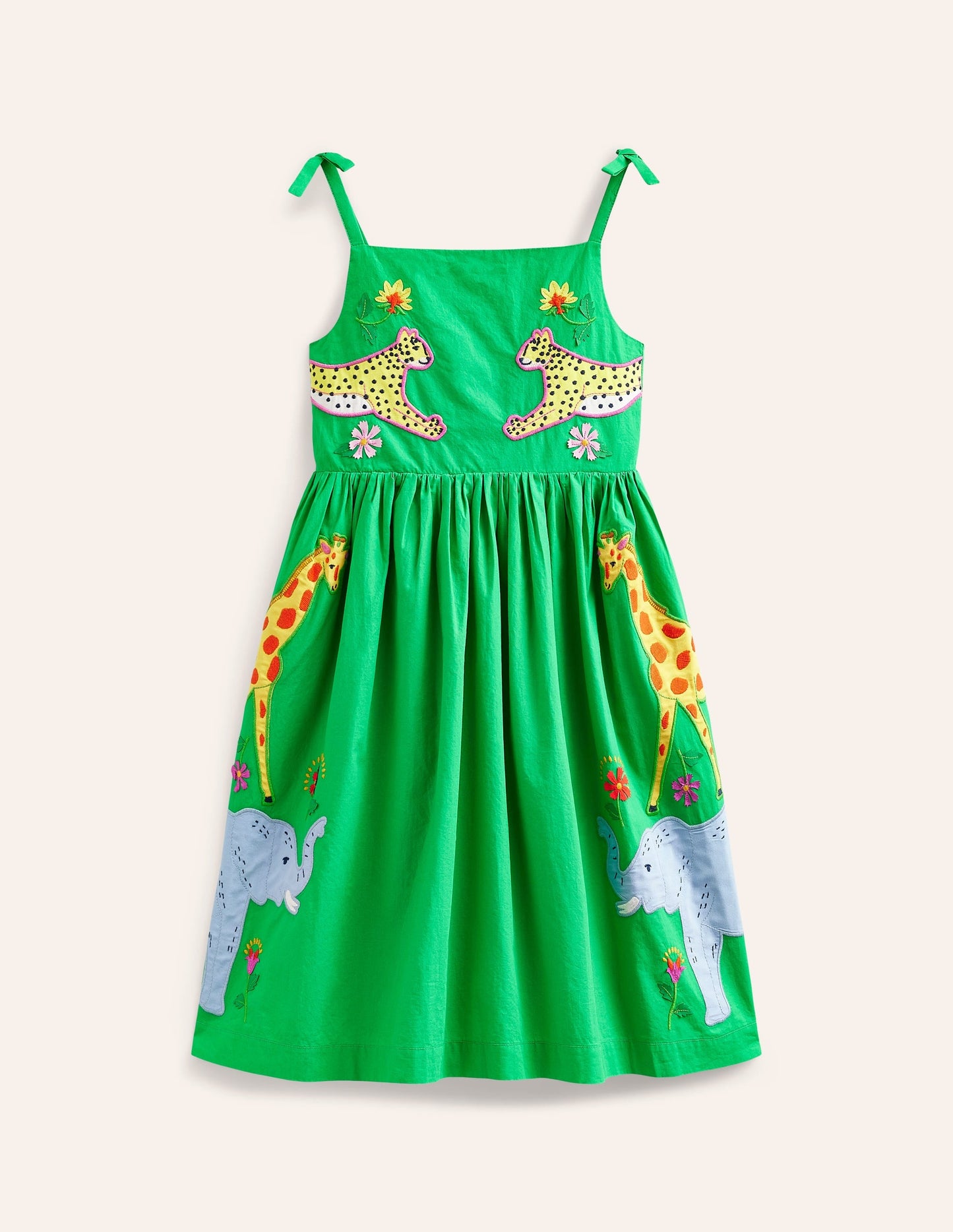 Appliqué Cotton Dress-Sapling Green Safari Animals
