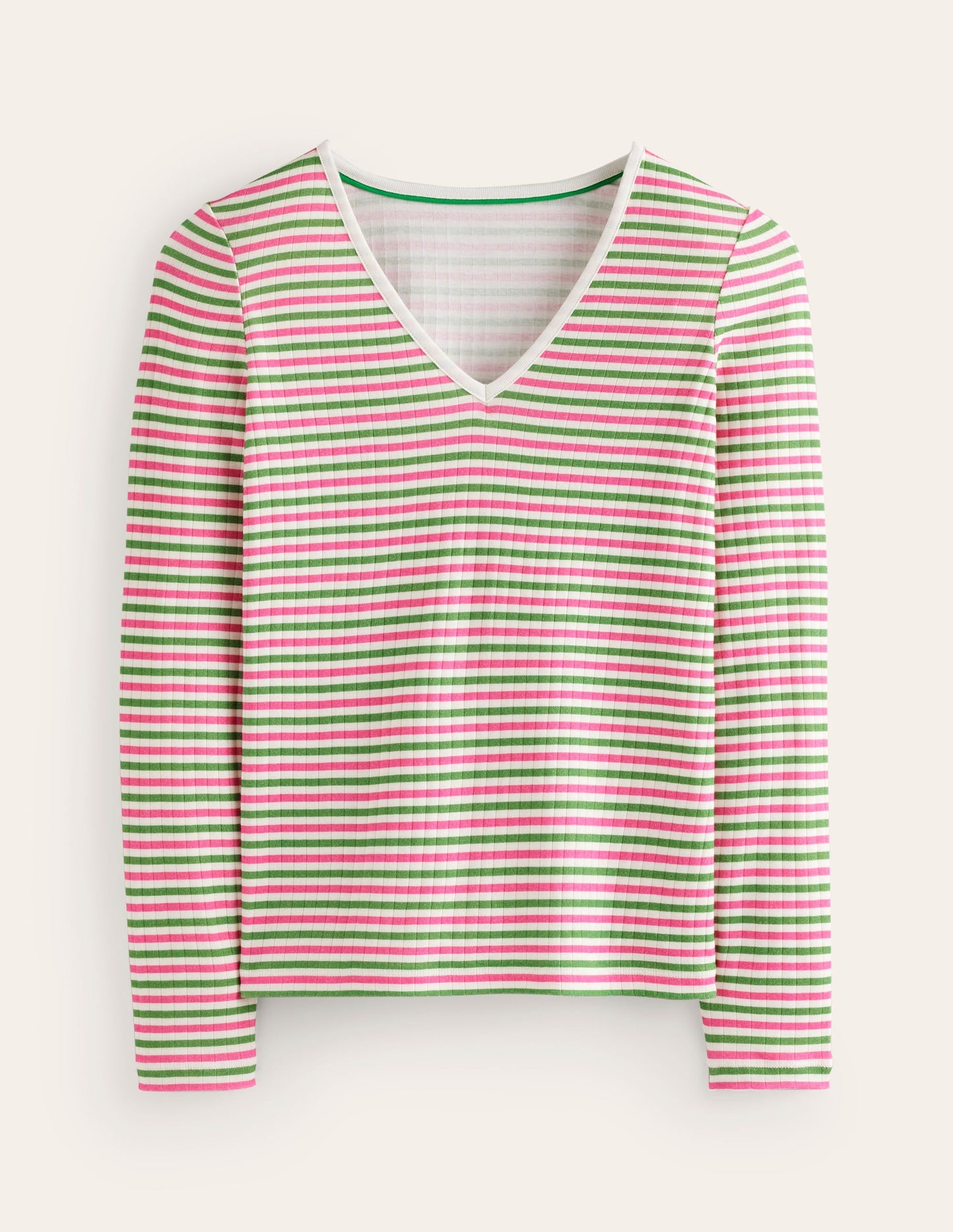 Anna Rib V-Neck T-Shirt-Green, Pink Stripe