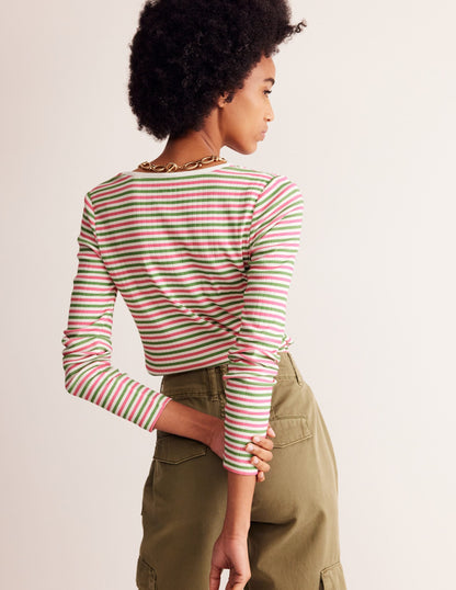 Anna Rib V-Neck T-Shirt-Green, Pink Stripe