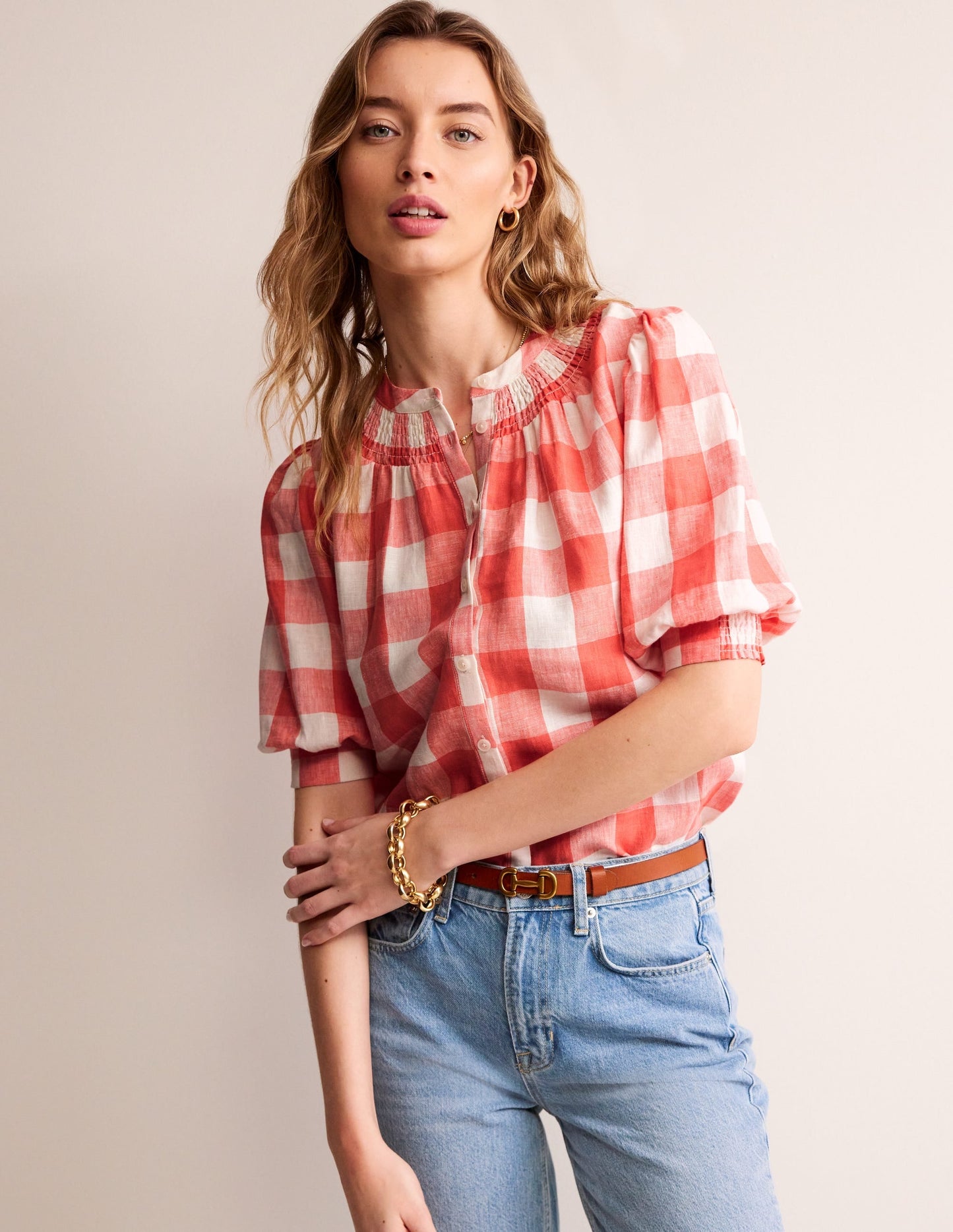 Ada Linen Top-Porcelain Rose, Gingham