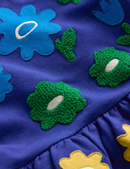 Applique Sweatshirt Dress-Sapphire Blue Flowers