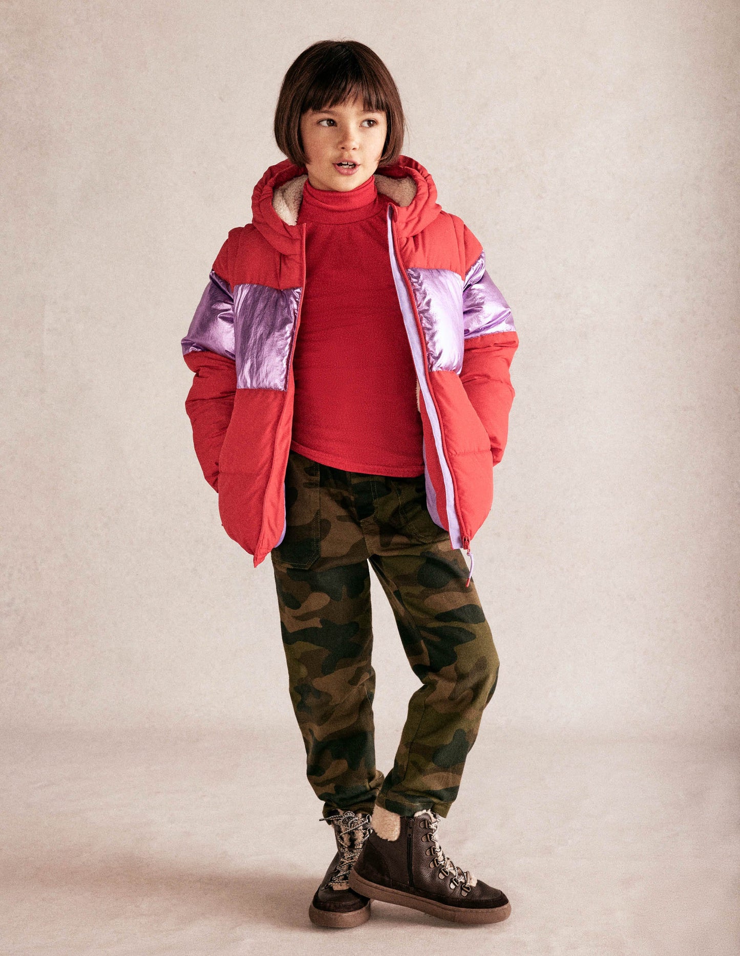 2-in-1 Padded Coat-Red/Pink Metallic
