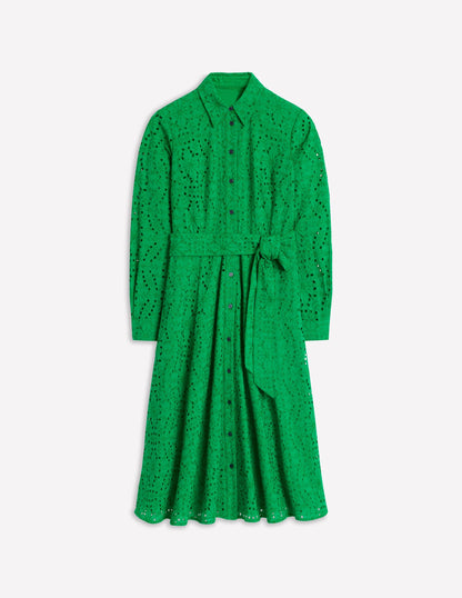 Amy Broderie Midi Shirt Dress-Rich Emerald