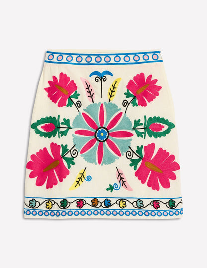 Aline Embroidered Linen Skirt-Ivory Embroidery