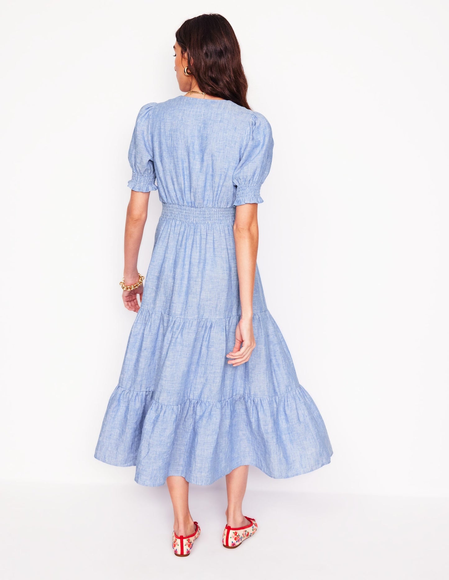Anna Linen Tiered Midi Dress-Summer Blue Chambray